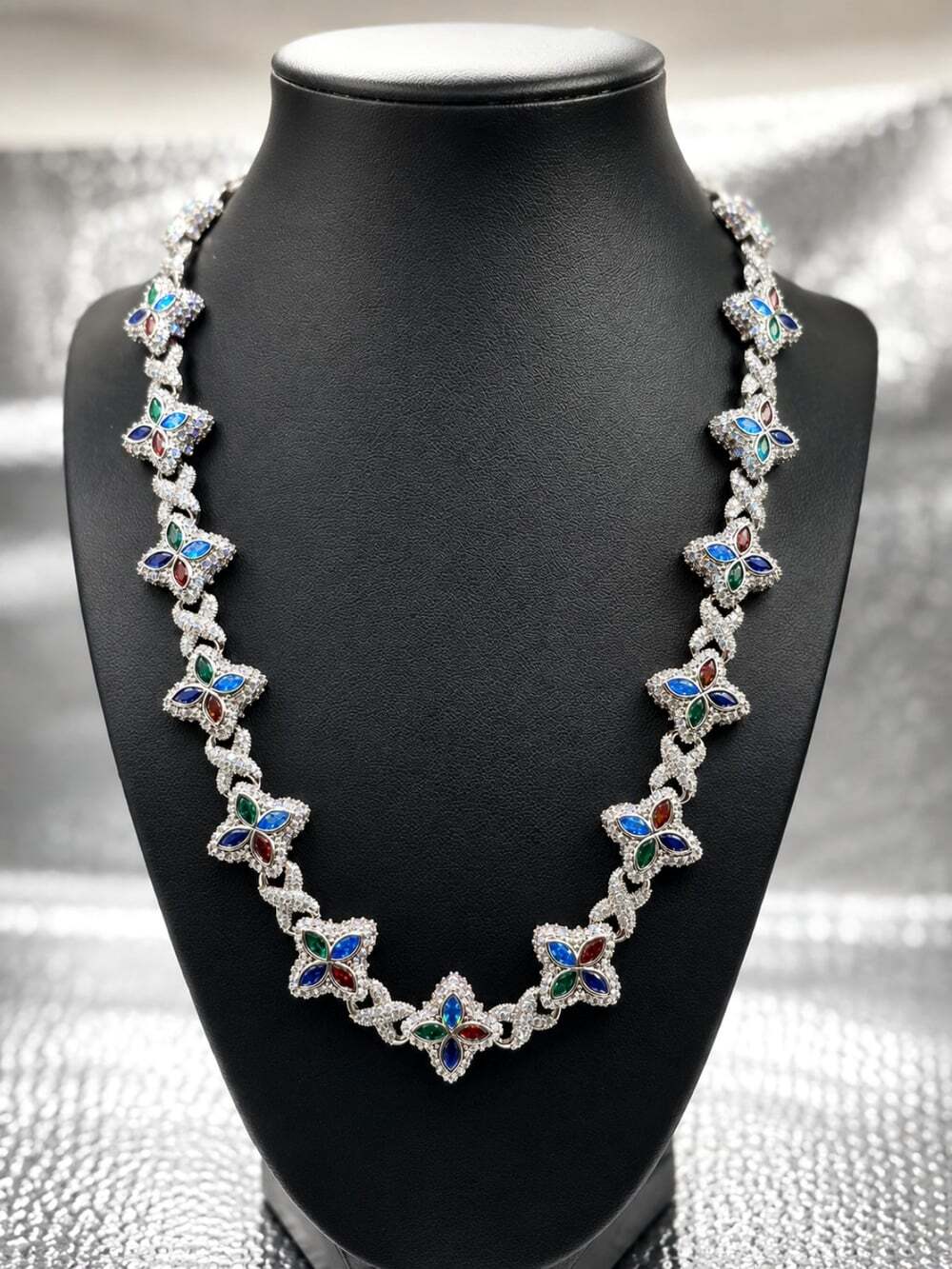 Sparkling Flower Gemstone Necklace with iced Out Jesus Head Pendant
